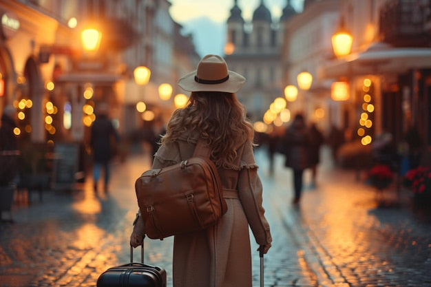 Femme voyageuse avec valise explorant une rue pavée européenne au crépuscule — Collection Maison Tanger