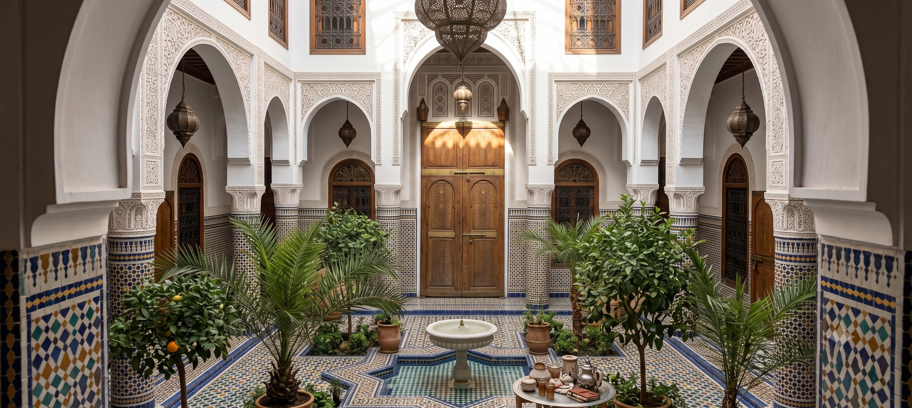 Cour intérieure d'un riad marocain aux zelliges et arcades sculptées — Maison Tanger