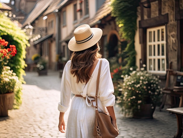 Jeune femme en robe blanche et chapeau de paille se promenant dans une ruelle pittoresque — Style Maison Tanger