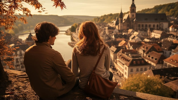Couple admirant le panorama d’une ville européenne au coucher du soleil — Maison Tanger, l’esprit du voyage